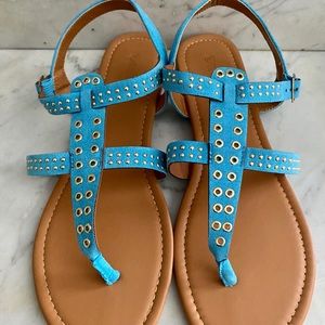 Women’s T-Strap Sandals - Turquoise with G…